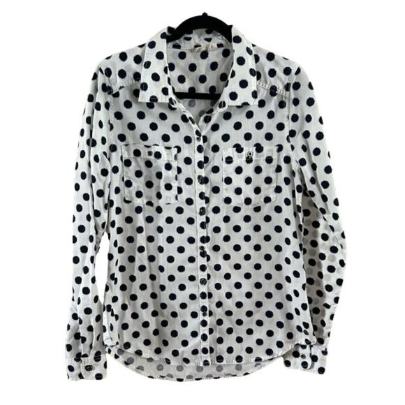 Roxy Sz Lg Polka Dot Long Sleeve Button Up Shirt Navy Blue & White - Picture 1 of 15